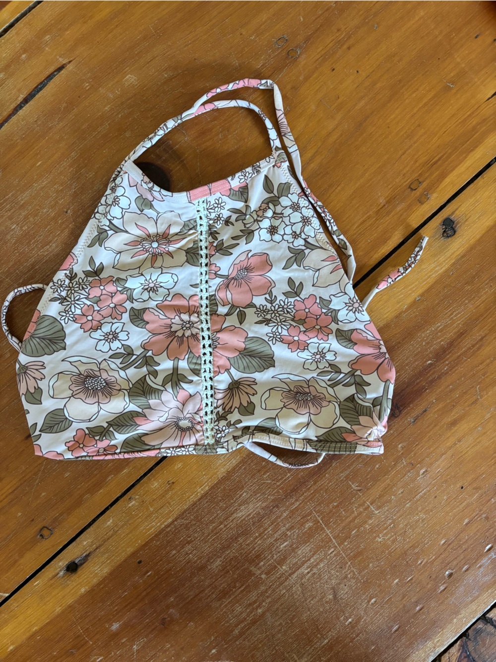 Rhythm Floral High Neck Bikini Top in Pink, Green, Cream